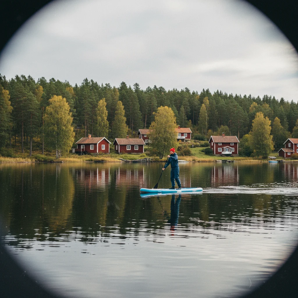 SUP auf einem ruhigen See in Dalarna mit roten Holzhäusern am Ufer