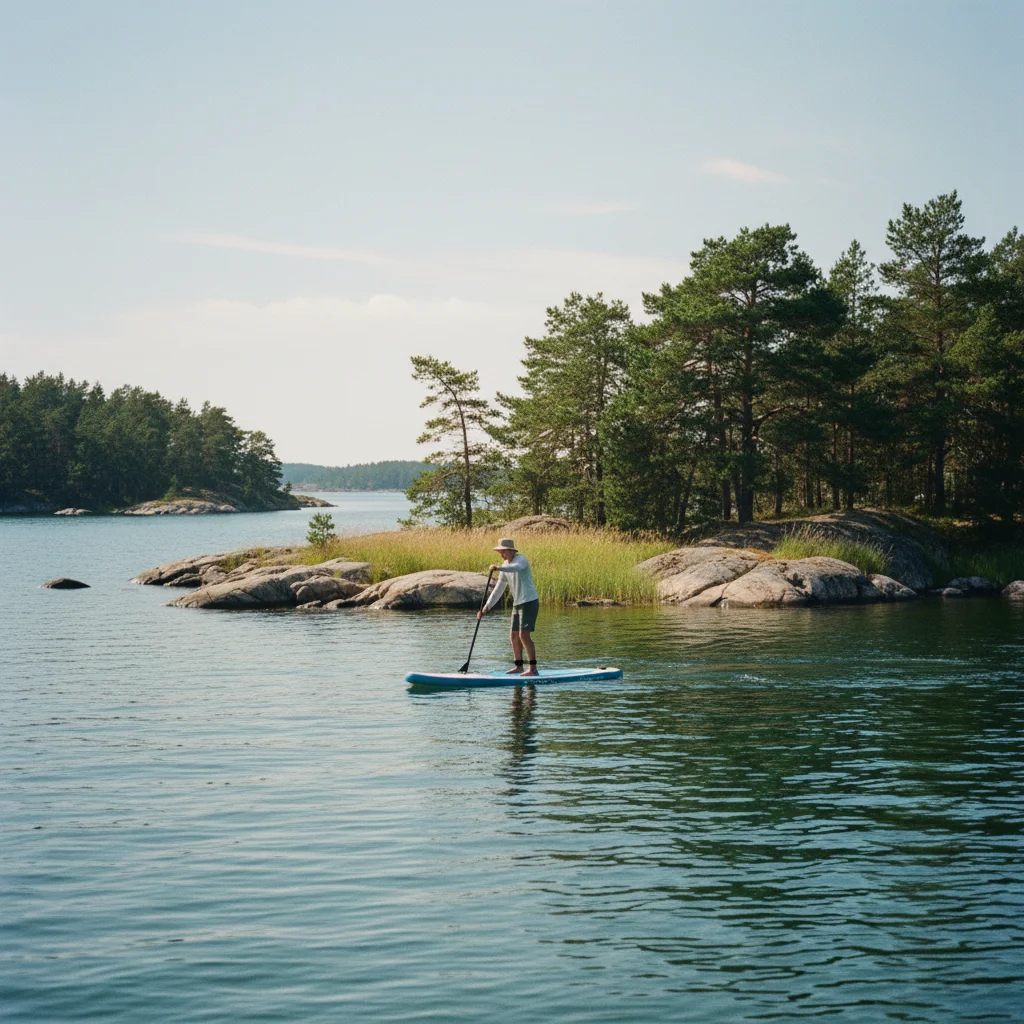 Stand-Up Paddling in den Stockholmer Schären mit Felseninseln und klarem Wasser