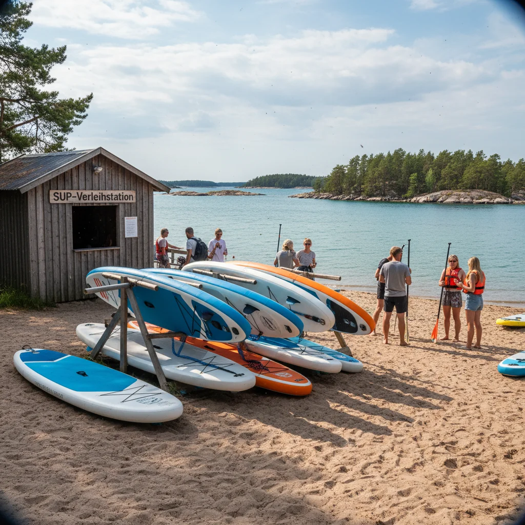 SUP-Verleihstation an einem schwedischen Strand mit aufgereihten Boards