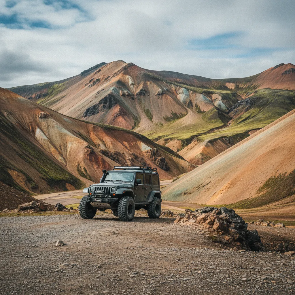 Super-Jeep vor den bunten Rhyolith-Bergen von Landmannalaugar