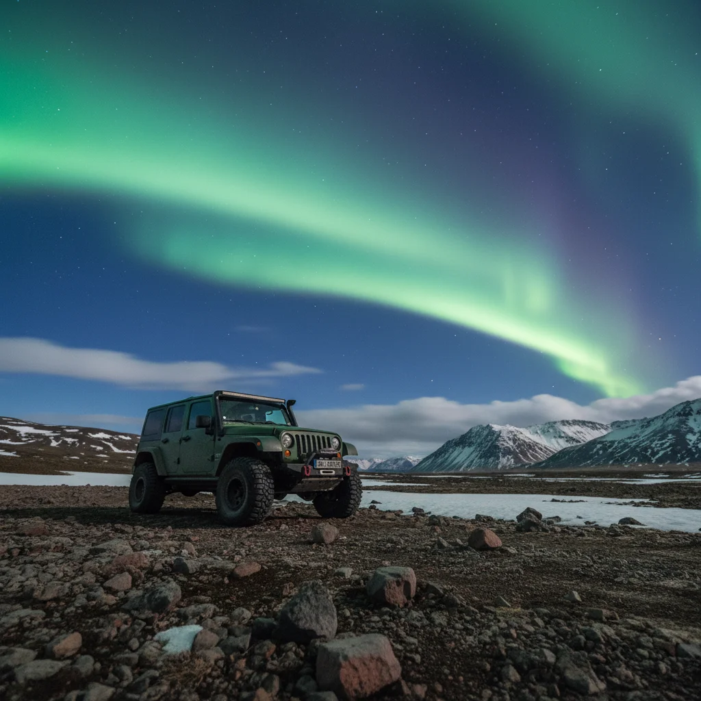 Super-Jeep unter Nordlichtern in Islands Hinterland
