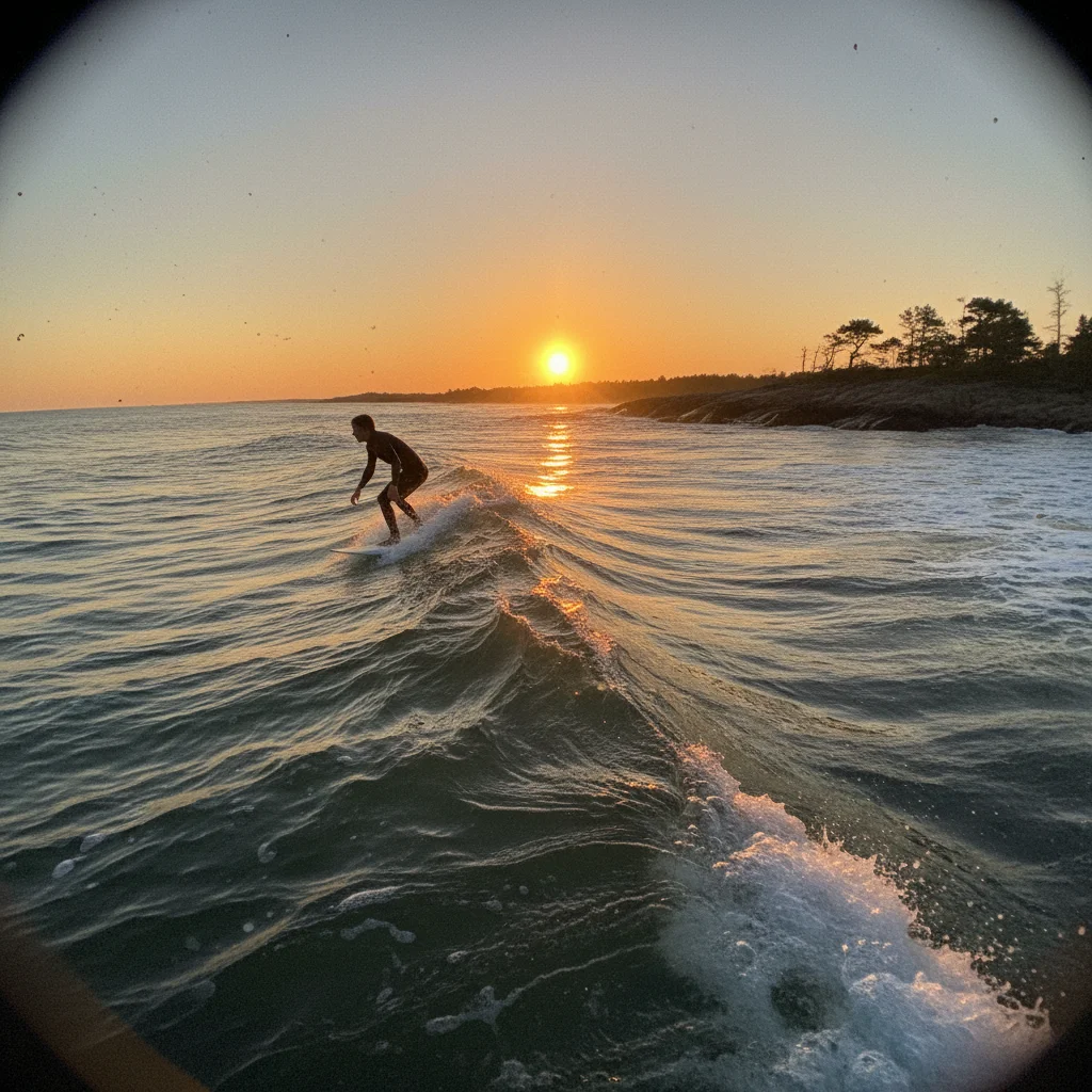 Surfer reitet eine Welle an der schwedischen Westküste in Halland bei Sonnenuntergang