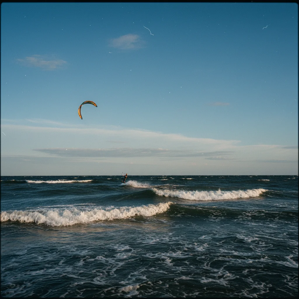 Kitesurfer springt über Wellen vor der Küste Ölands mit blauem Himmel
