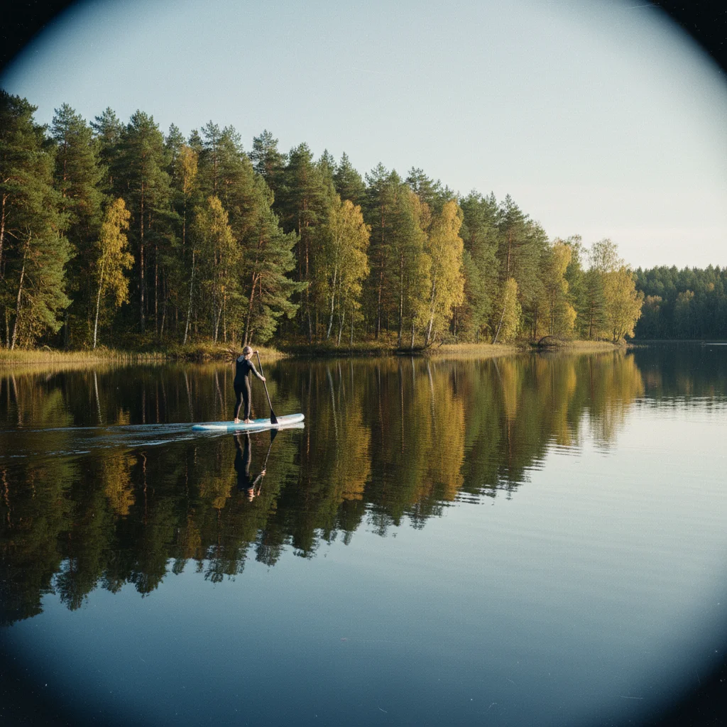 Stand-Up-Paddler auf einem ruhigen schwedischen See mit Wald am Ufer und Spiegelung im Wasser