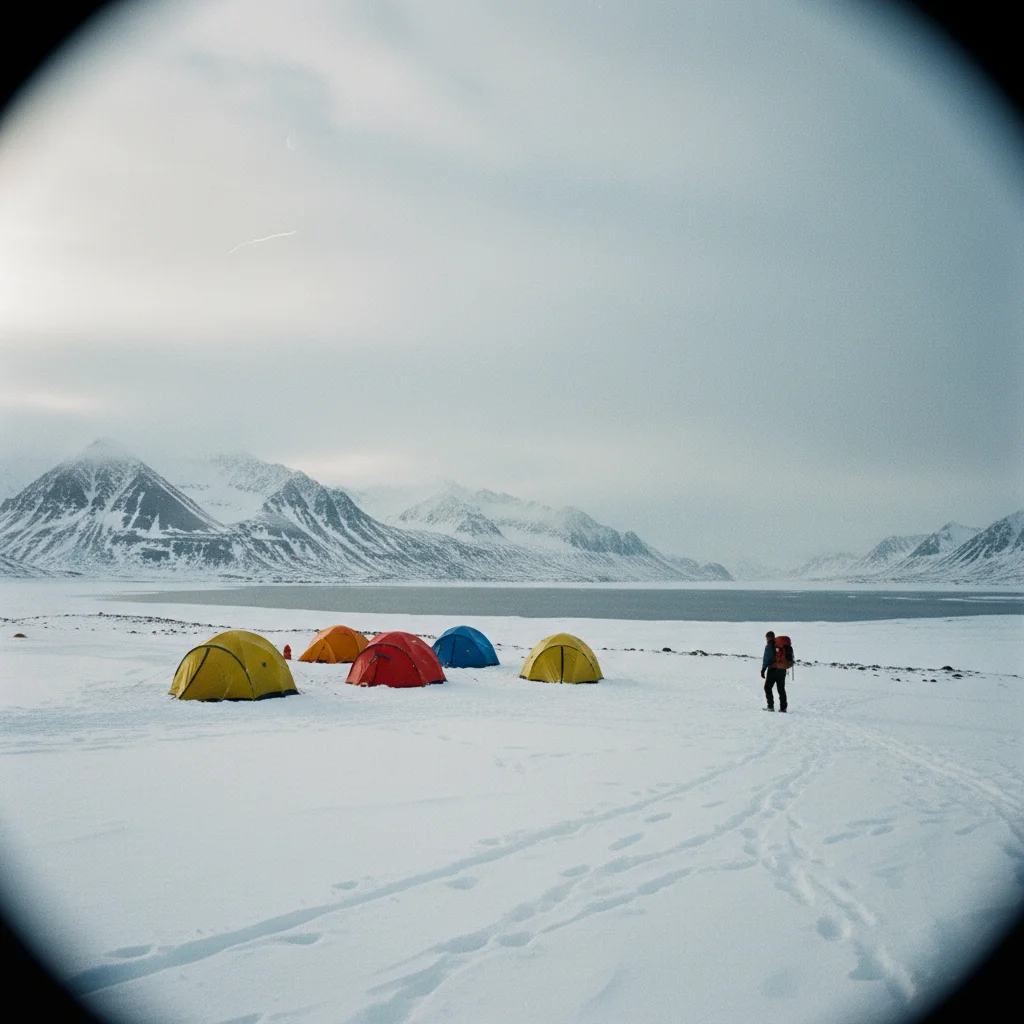 Arktisches Zeltcamp auf Svalbard mit verschneiten Bergen im Hintergrund