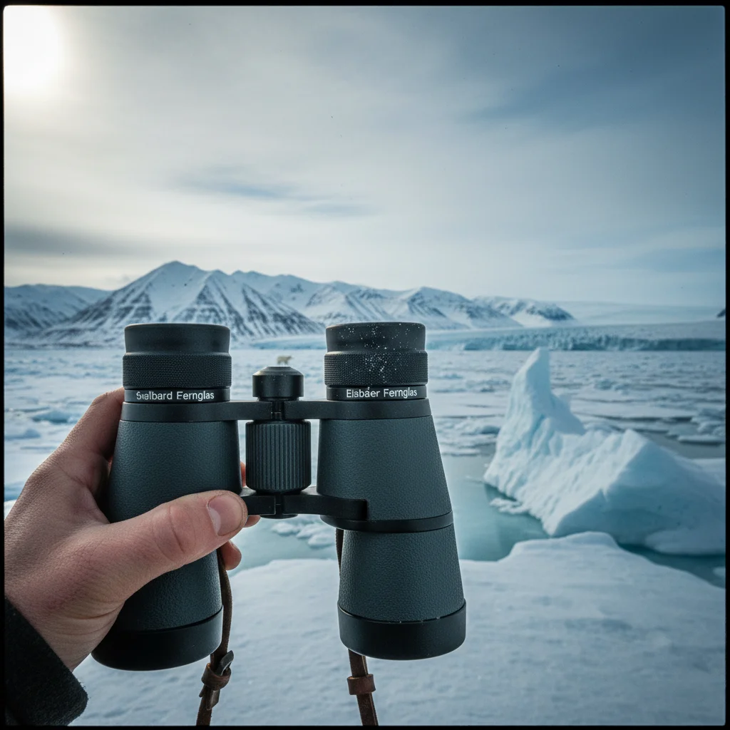 Eisbär auf einer Eisscholle auf Svalbard, beobachtet mit dem Fernglas