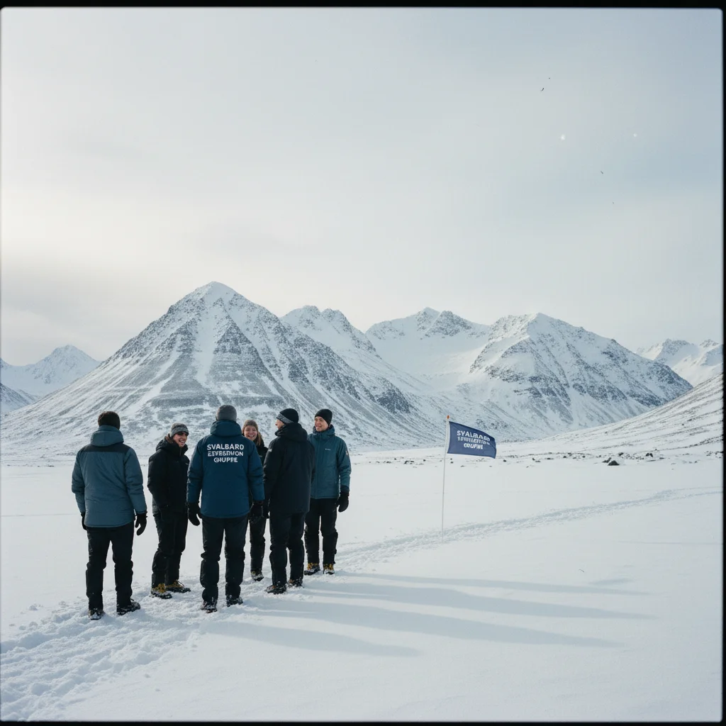 Expeditionsgruppe wandert über die arktische Landschaft von Svalbard