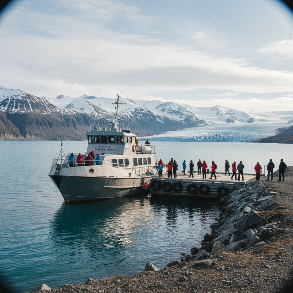 Zodiac-Boot vor der blauschimmernden Front eines Svalbard-Gletschers