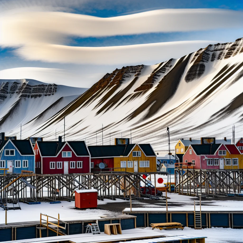Longyearbyen auf Svalbard mit bunten Häusern vor schneebedeckten Bergen