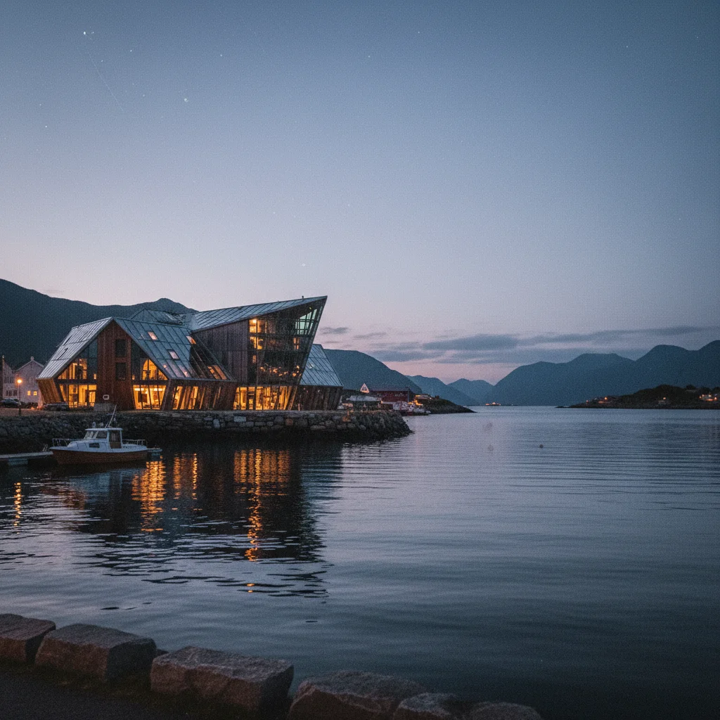 Nordlichter über dem Hafen von Svolvær mit beleuchteten Rorbuer