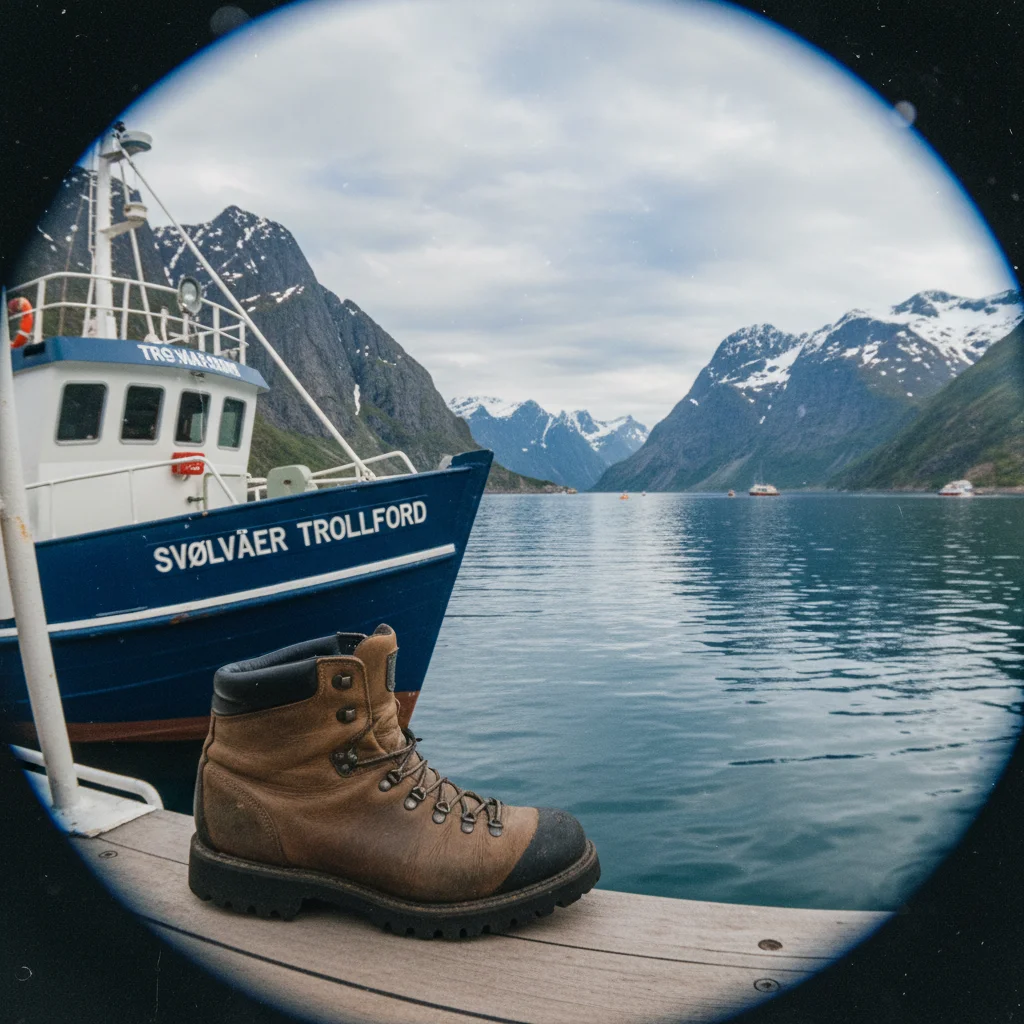 Boot fährt in den engen Trollfjord mit steilen Felswänden auf beiden Seiten