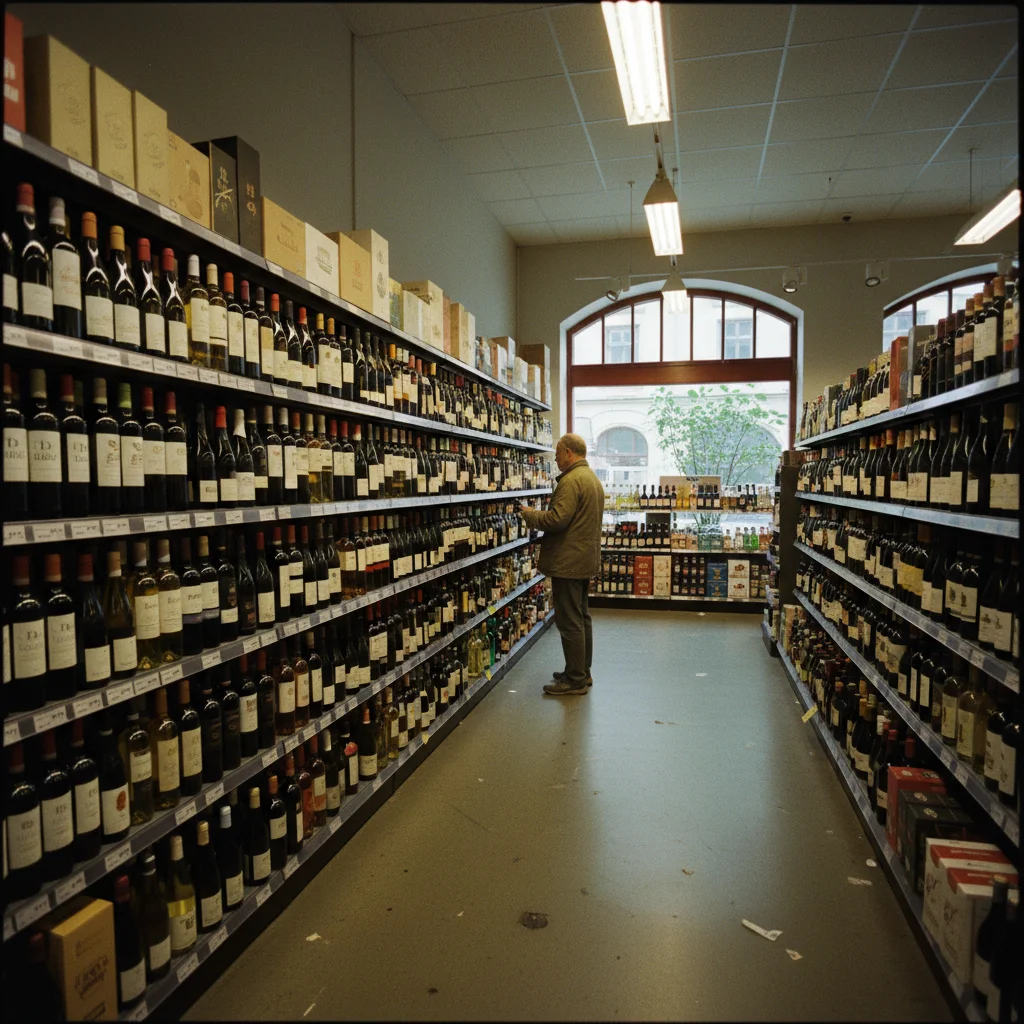 Moderne Systembolaget-Filiale von innen mit übersichtlich sortierten Weinregalen und Beratungsbereich