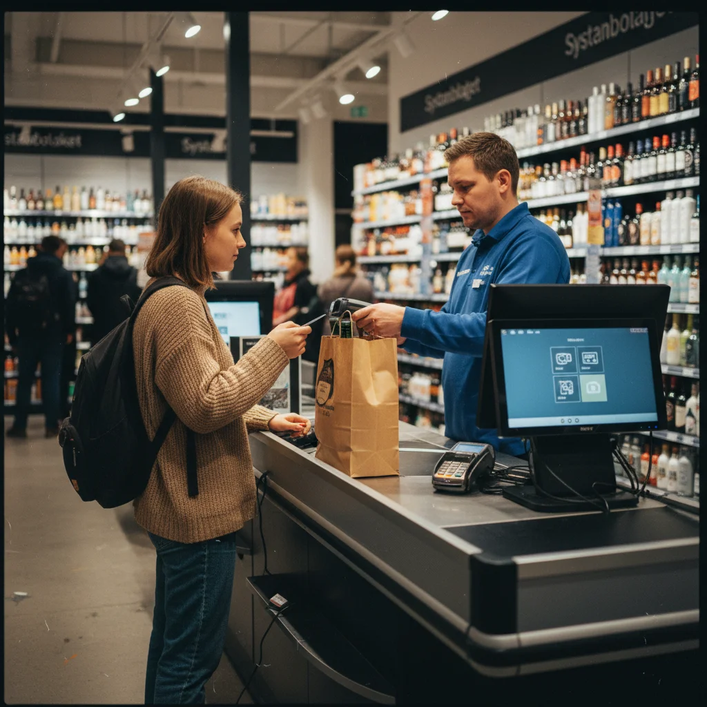 Kassenberiech im Systembolaget mit Alterskontrolla und Schlange vor dem Wochenende