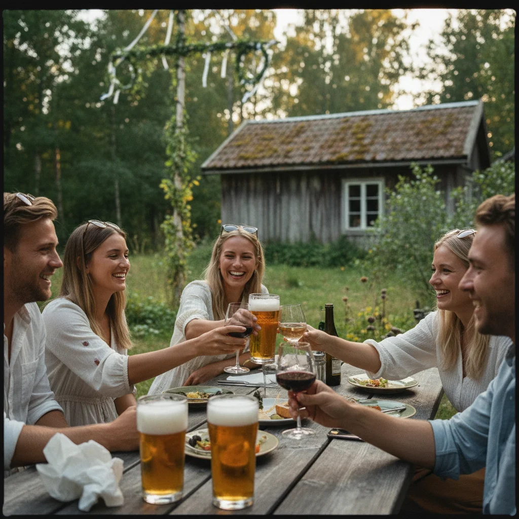 Schweden genießen Wein und Bier am Mittsommerabend an einem See in Dalarna