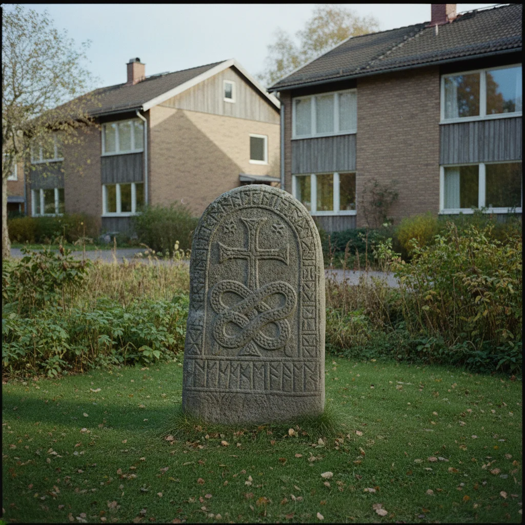 Wikinger-Runenstein in Täby mit eingeritzter Runeninschrift und Ornament