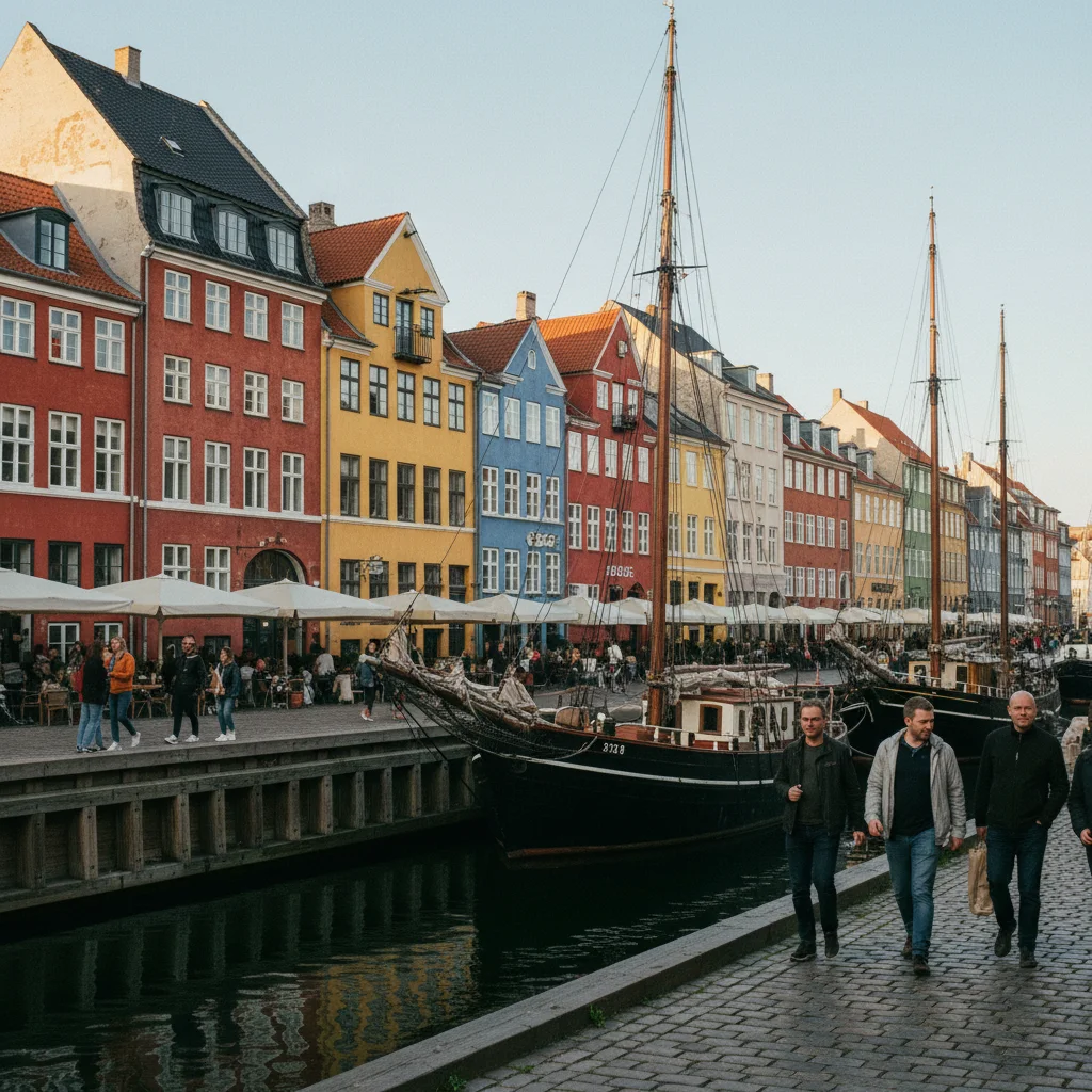 Bunte Häuserzeile am Nyhavn Kanal in Kopenhagen mit historischen Segelschiffen