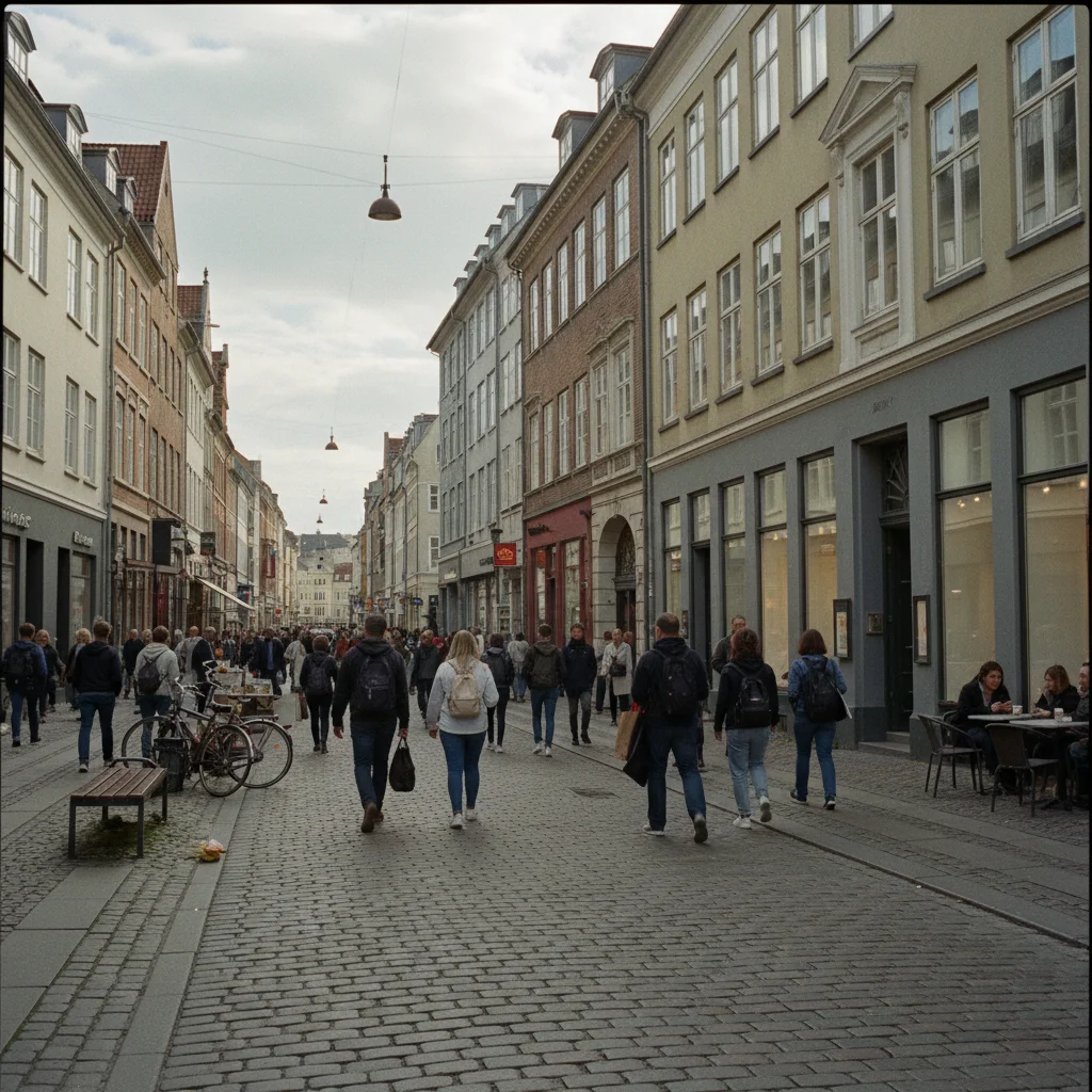 Die belebte Fußgängerzone Strøget in Kopenhagen mit historischen Gebäuden