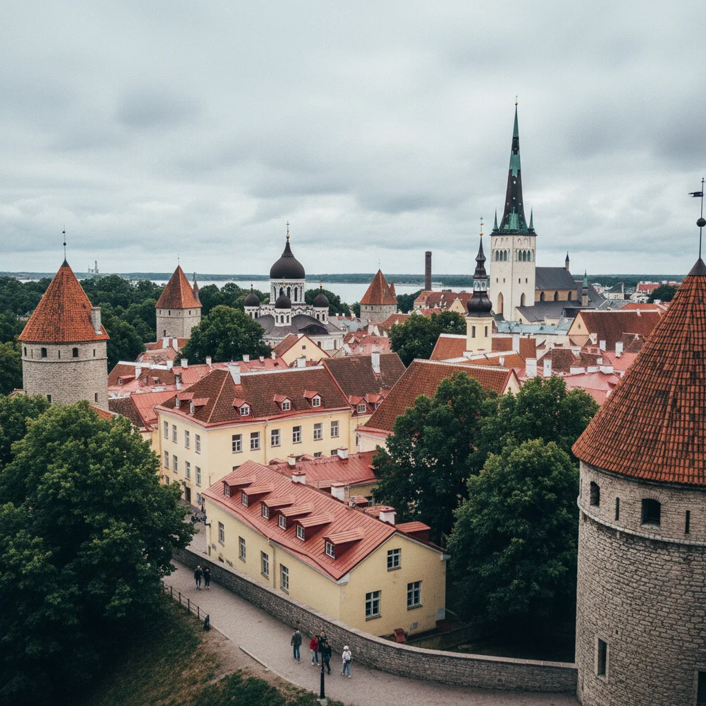 Blick über die mittelalterliche Altstadt von Tallinn mit Türmen und Kirchen