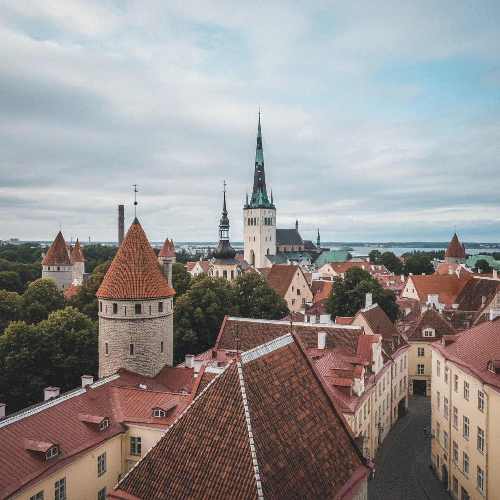 Blick über die Dächer der Tallinner Altstadt mit Wehrtürmen und Kirchturmspitzen