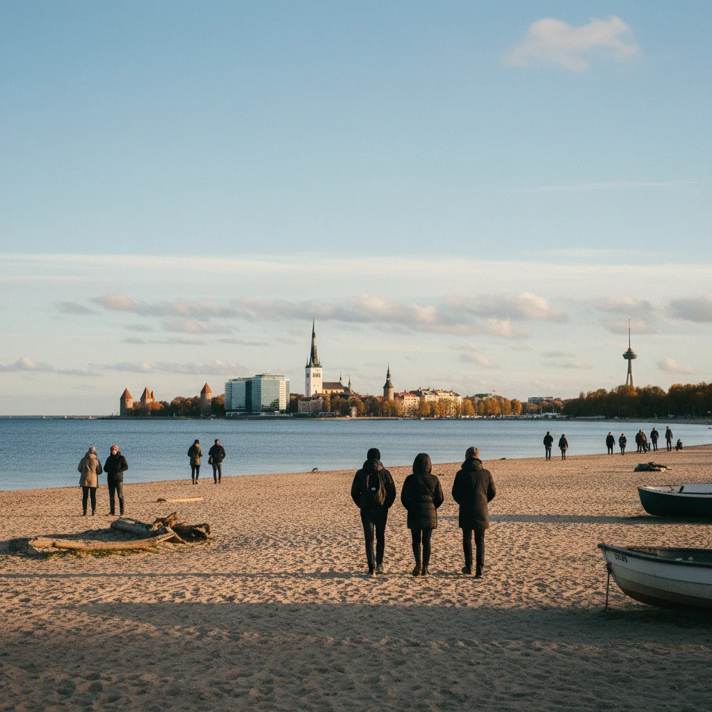 Pirita-Strand in Tallinn mit Blick auf die Skyline der Stadt