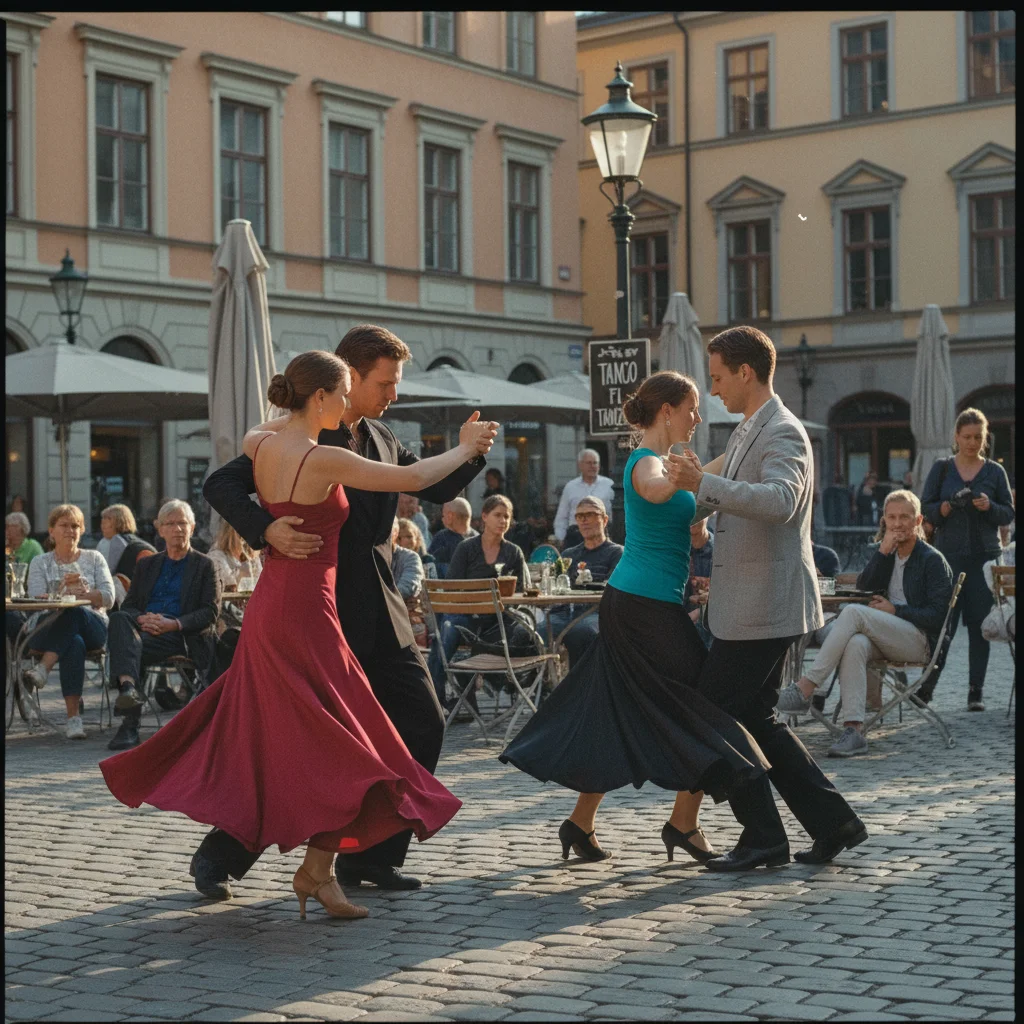 Tanzendes Paar beim finnischen Tango in einem traditionellen Tanzpavillon