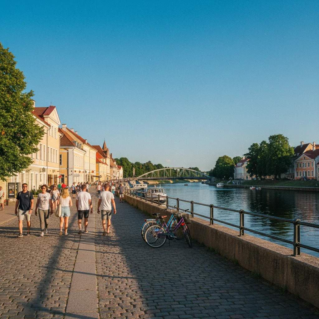 Uferpromenade am Emajõgi in Tartu bei Sommerlicht