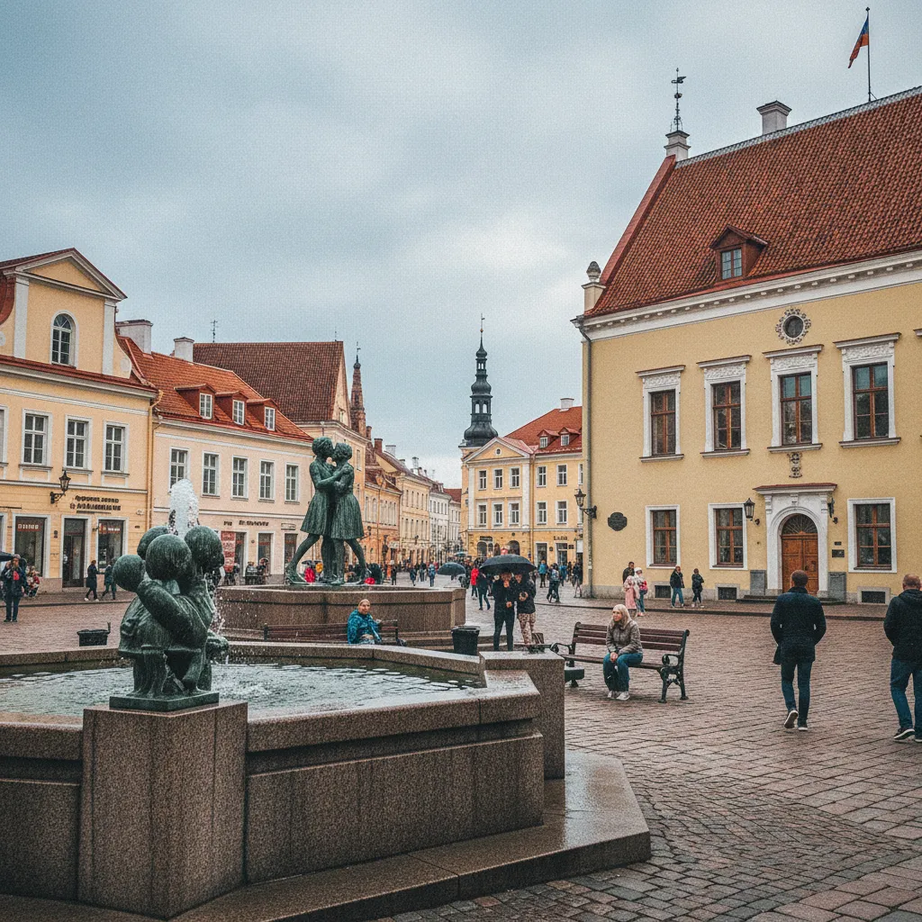 Rathausplatz in Tartu mit historischem Rathaus und dem Brunnen der küssenden Studenten