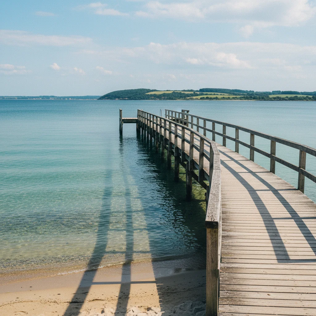 Ein ruhiger Strand auf Tåsinge mit Badesteg und klarem Wasser