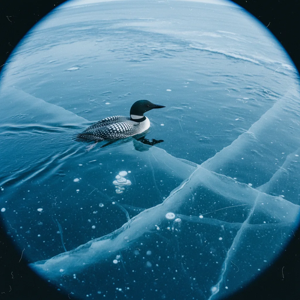 Eistaucher unter einer Eisdecke in einem lappländischen See mit blauem Licht