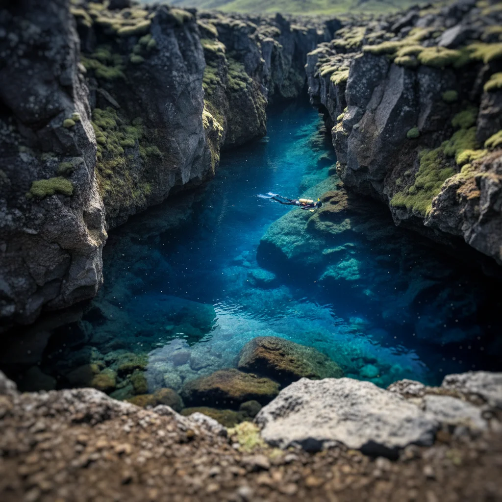 Klares Gletscherwasser in der Silfra-Spalte im Thingvellir-Nationalpark