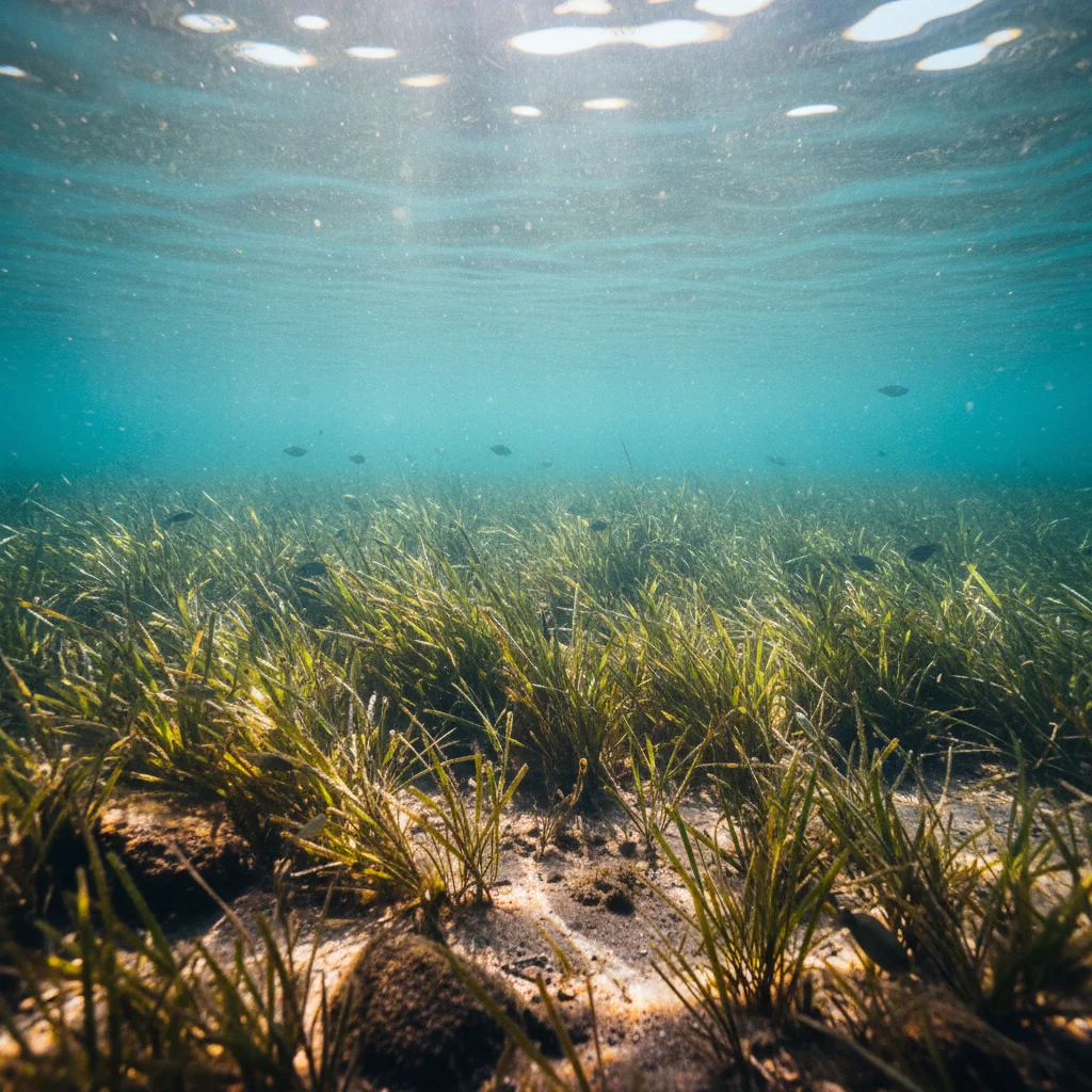 Seegraswiese in der Ostsee mit Lichtreflexen von oben