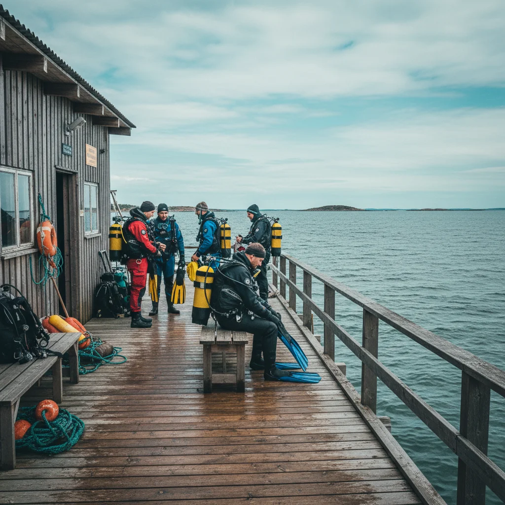 Taucher bereiten sich an einer Ostsee-Tauchbasis auf den Tauchgang vor