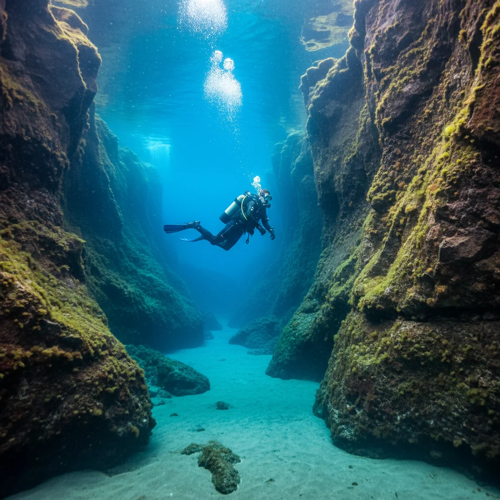Taucher schwebt in kristallklarem blauen Wasser zwischen den Felswänden der Silfra-Spalte auf Island