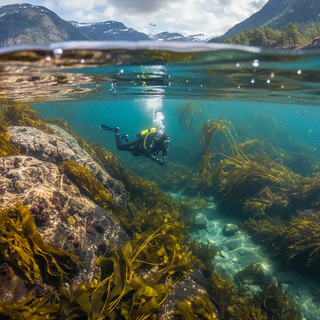 Taucher in klarem Wasser zwischen Felsen und Tangwald in einem norwegischen Fjord