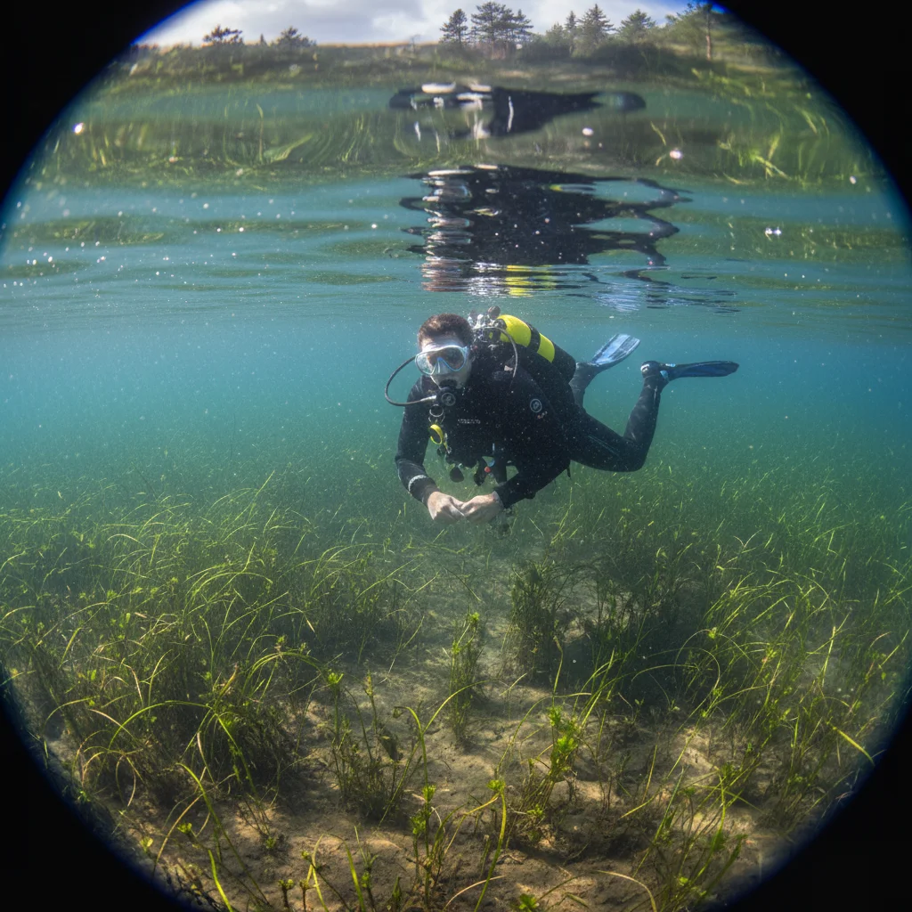 Taucher in einem klaren schwedischen See mit Unterwasserpflanzen
