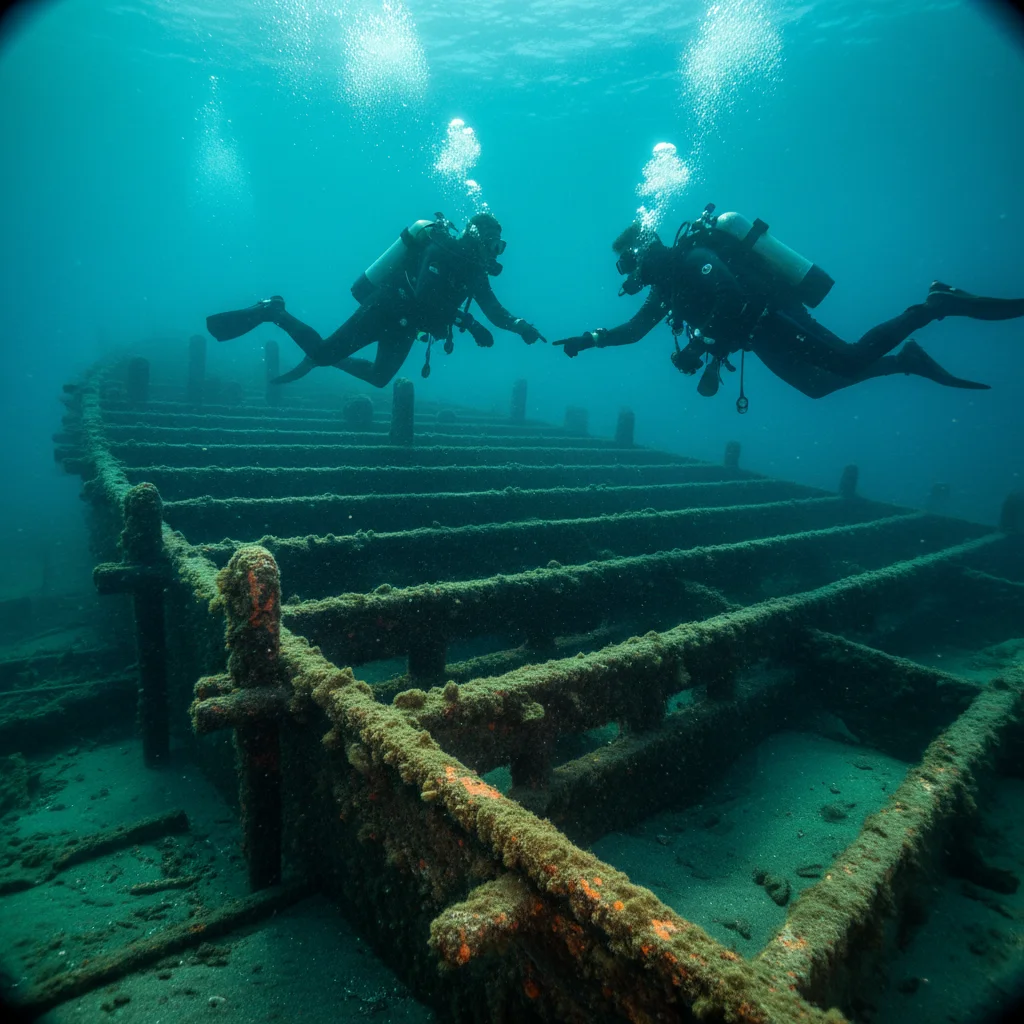 Taucher an einem historischen Holzwrack in der schwedischen Ostsee