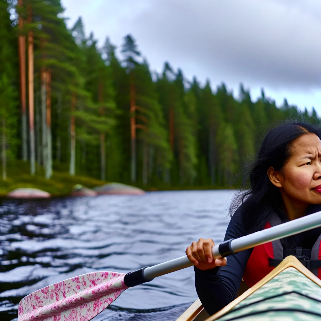 Kanufahrer paddelt zwischen grünen Inseln auf einem finnischen See