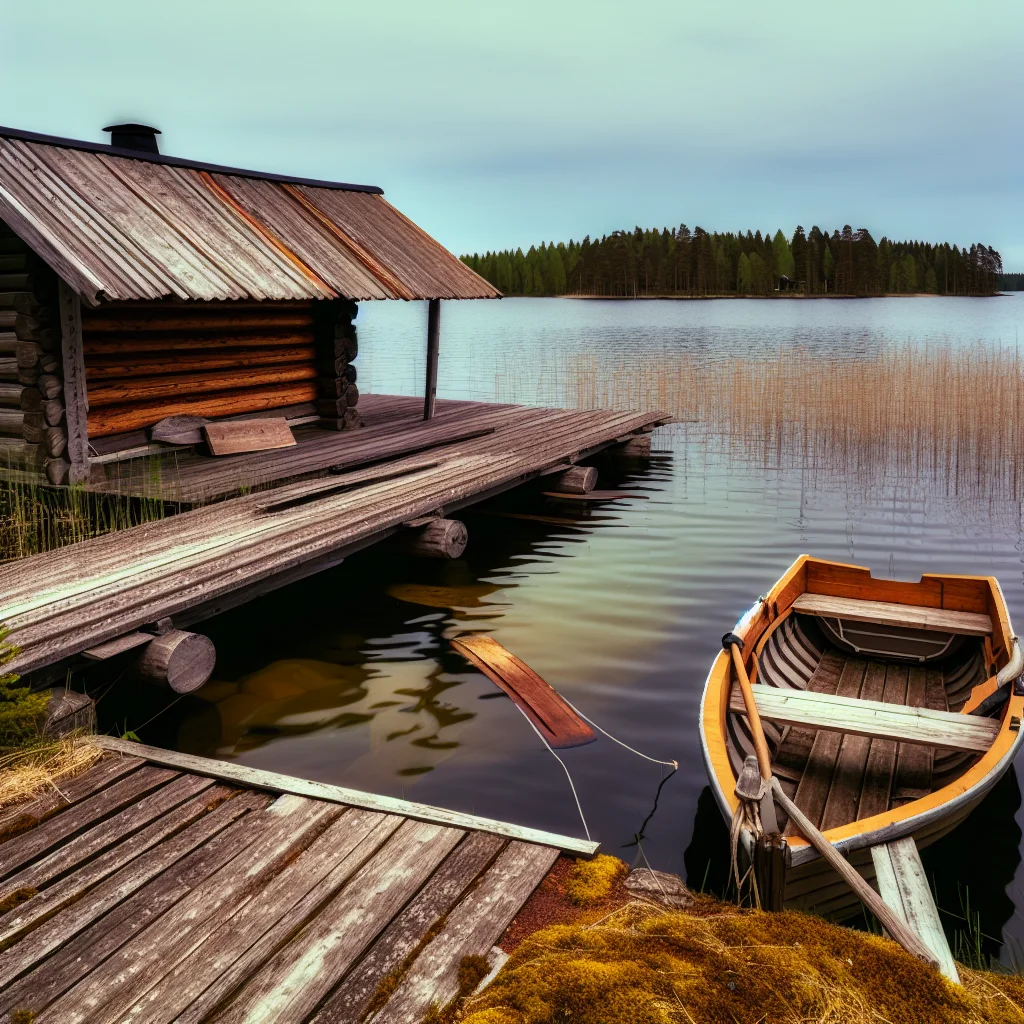 Typisches finnisches Mökki mit Holzsteg am See
