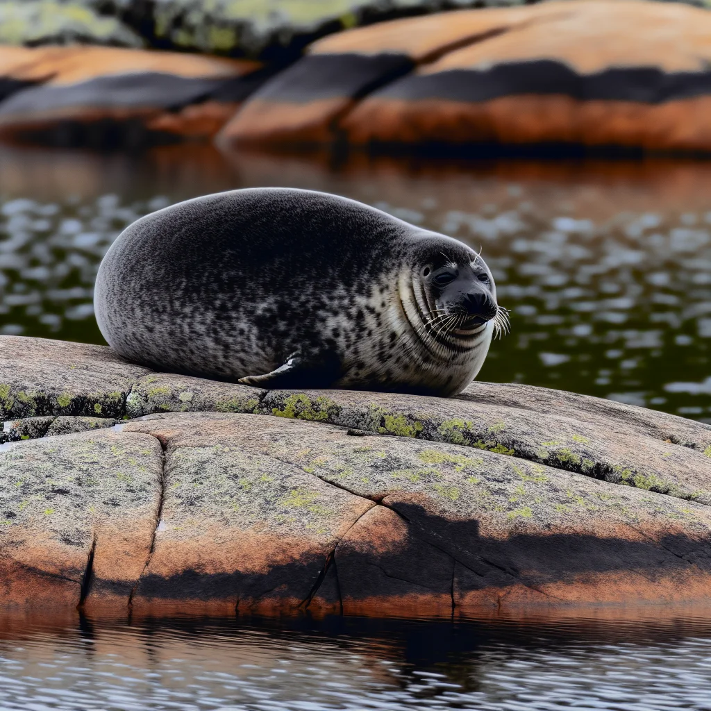 Saimaa-Ringelrobbe ruht auf einem Felsen im See