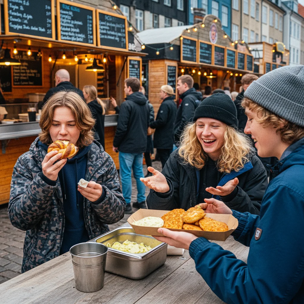 Teenager essen Streetfood auf einem dänischen Food-Markt