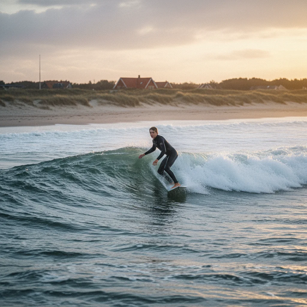 Teenager surft eine Welle an der dänischen Nordseeküste bei Cold Hawaii