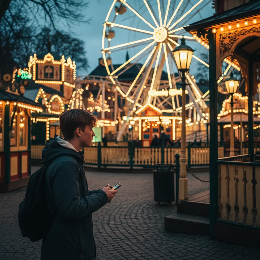 Teenager im Tivoli Vergnügungspark in Kopenhagen bei Abendbeleuchtung