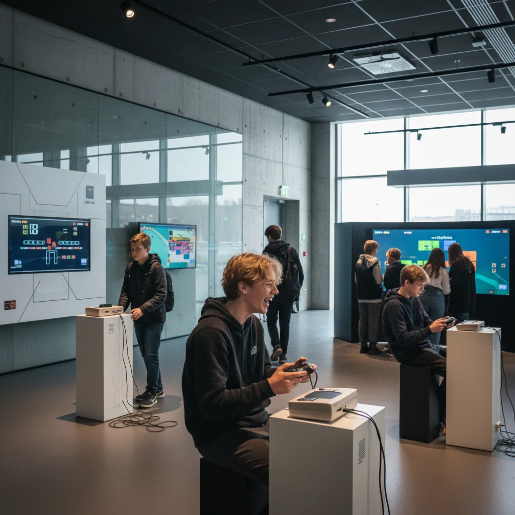 Teenager spielt ein Retro-Videospiel im schwedischen Spielmuseum mit neonbeleuchteter Umgebung