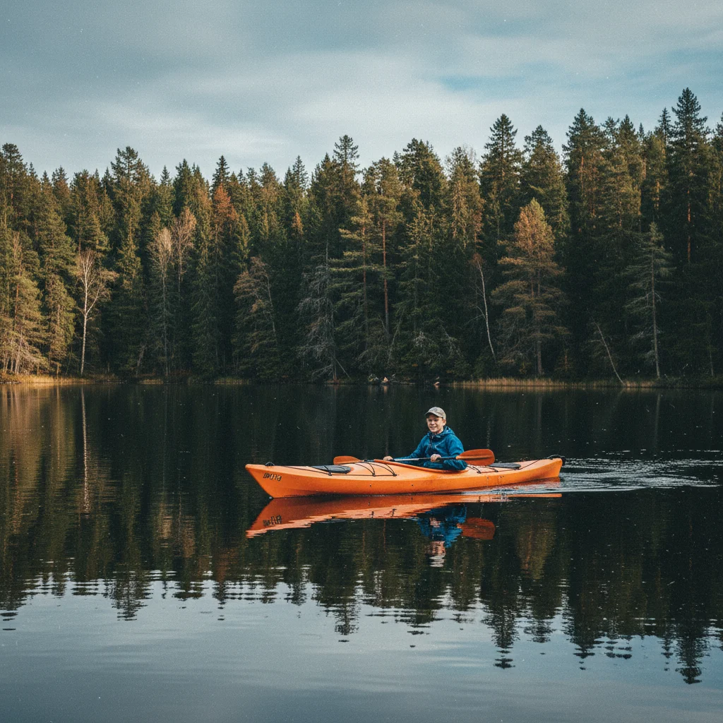 Teenager paddelt im Kajak auf einem ruhigen schwedischen See umgeben von Wald