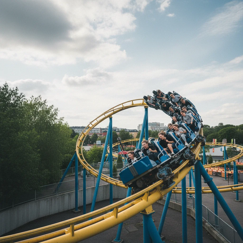 Achterbahn Helix in Liseberg Göteborg mit Teenagern bei der Fahrt