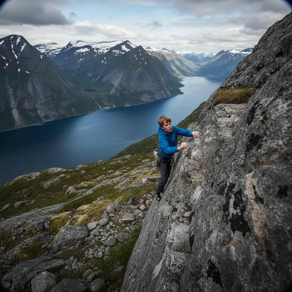 Teenager beim Klettern an einem norwegischen Klettersteig
