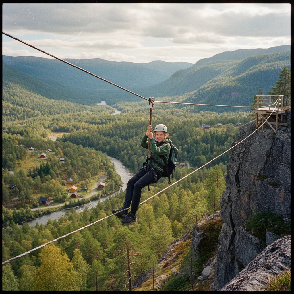 Teenager auf einer Zipline über einem norwegischen Fjord