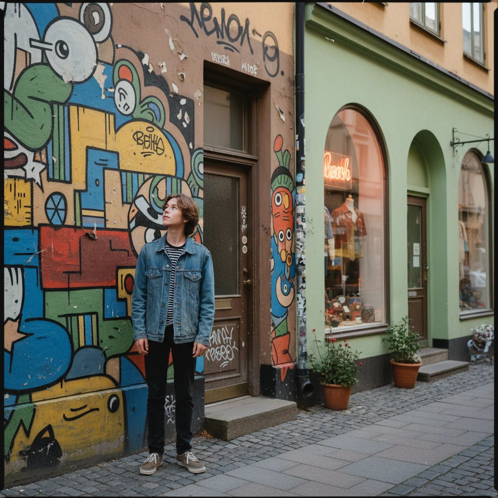 Teenager vor Streetart und bunten Geschäften in Stockholms Stadtteil Södermalm