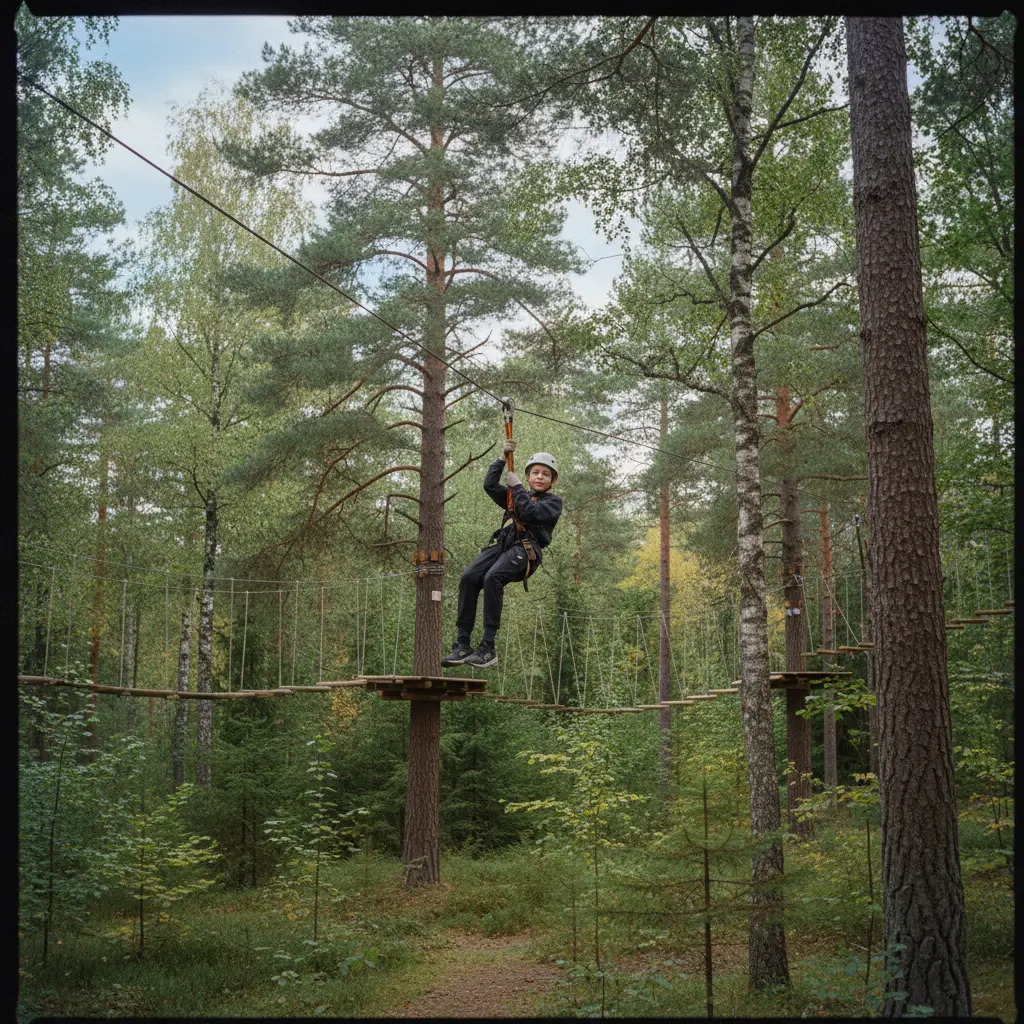 Teenager auf einer Zipline zwischen hohen Bäumen in einem schwedischen Kletterwald