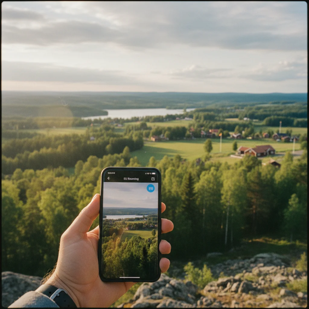 Smartphone mit EU-Roaming-Symbol und schwedischer Landschaft im Hintergrund